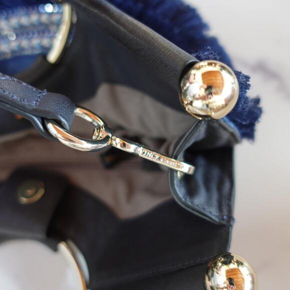 Vince Camuto Elia Fringe Denim Satchel Blue Ink Boho Leather Gold Bracelet Bag - Picture 7 of 13